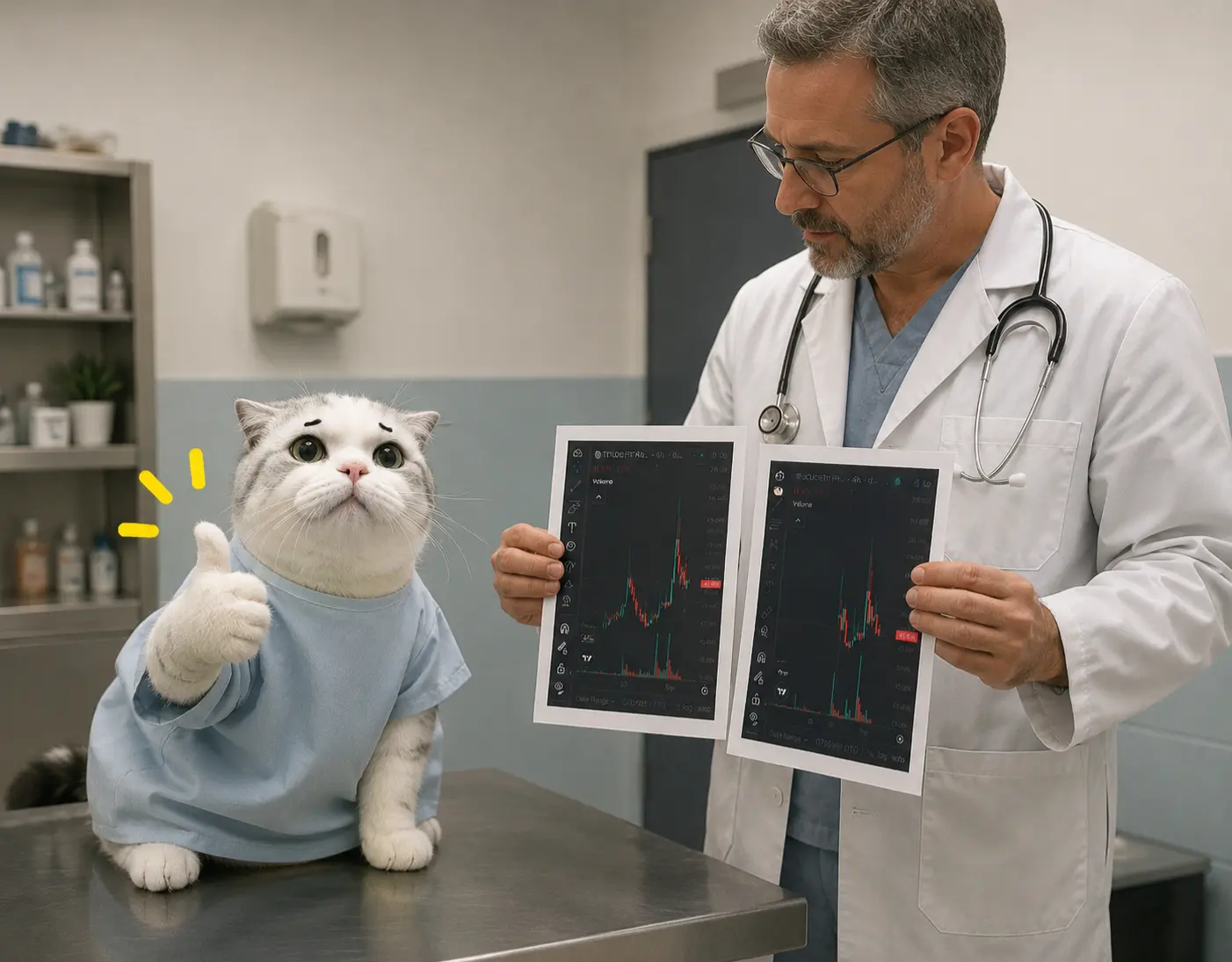 TITAN at the vet with a doctor
