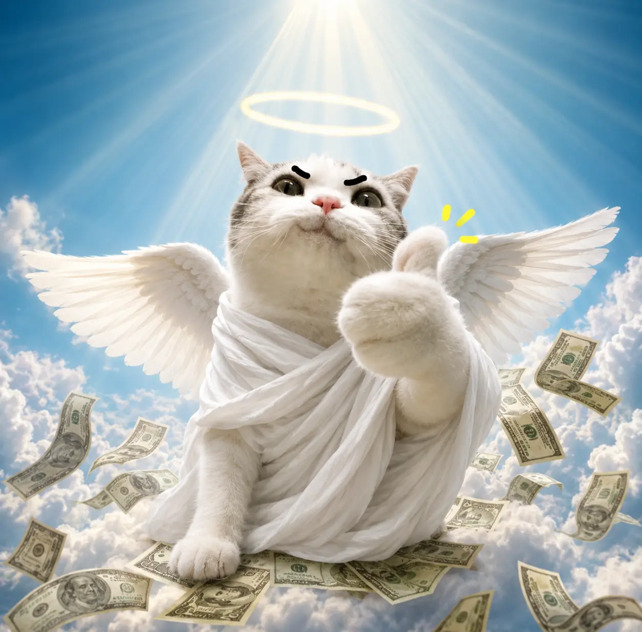 TITAN as an angel with wings and cash
