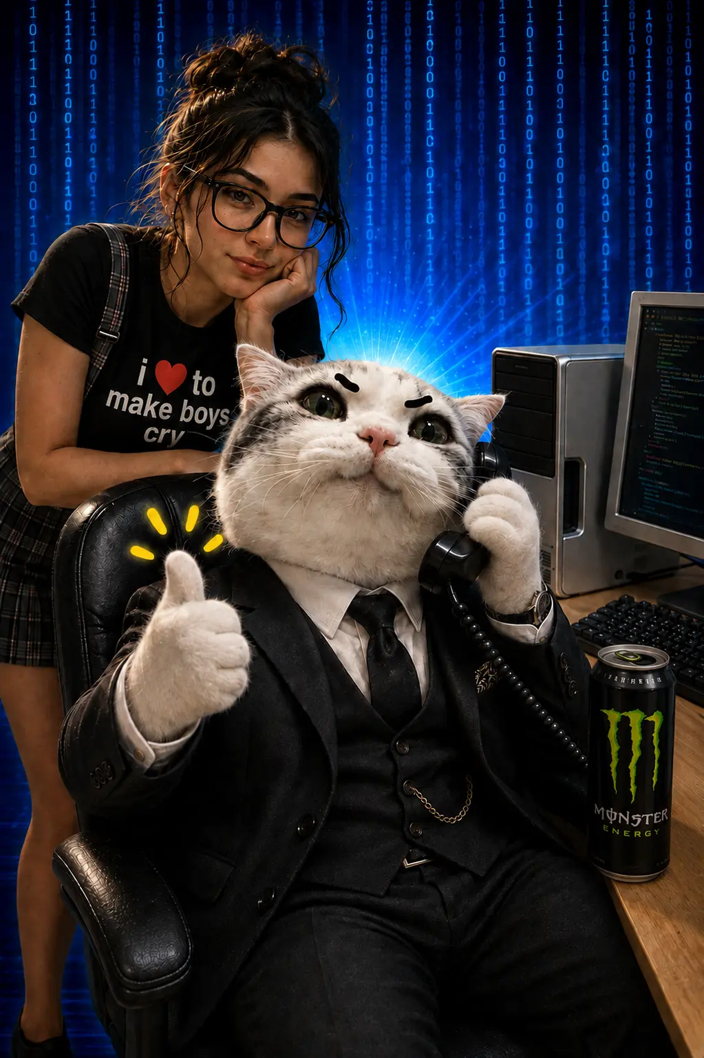 TITAN in a suit on the phone at a desk