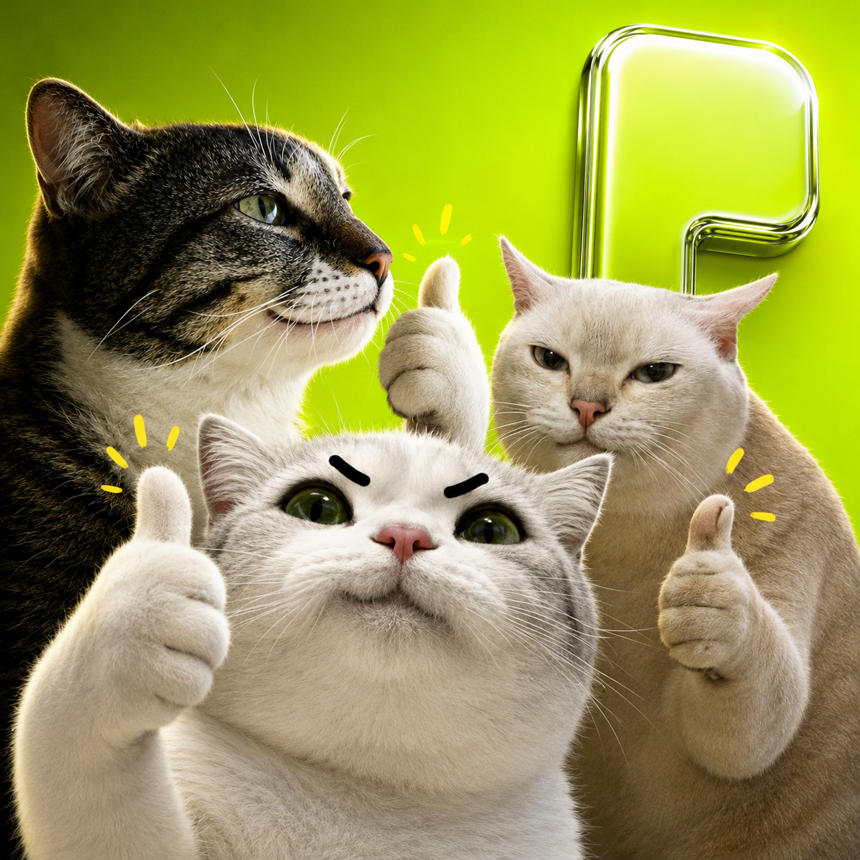 Three cats giving thumbs up on green