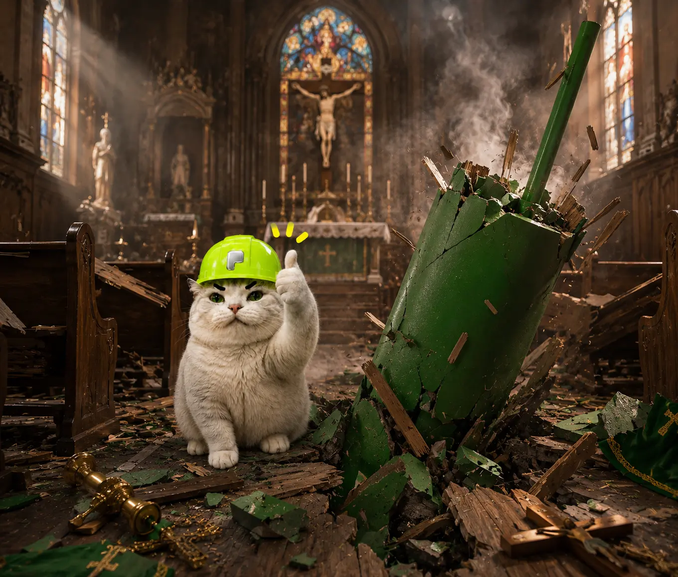 TITAN in a hard hat inside a church