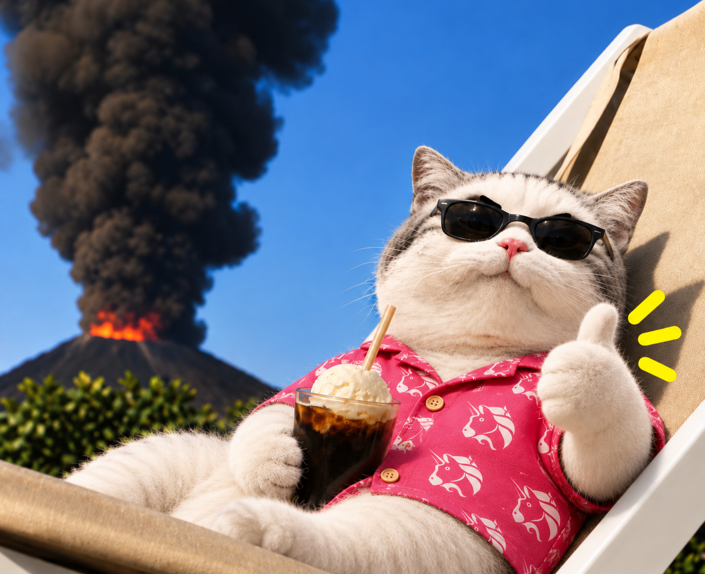 TITAN relaxing by a volcano with a drink