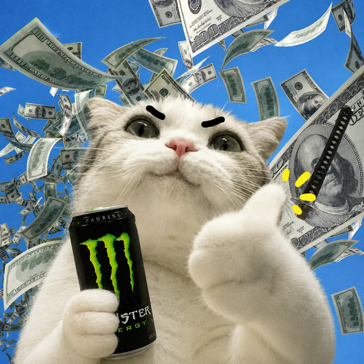TITAN with an energy drink and cash