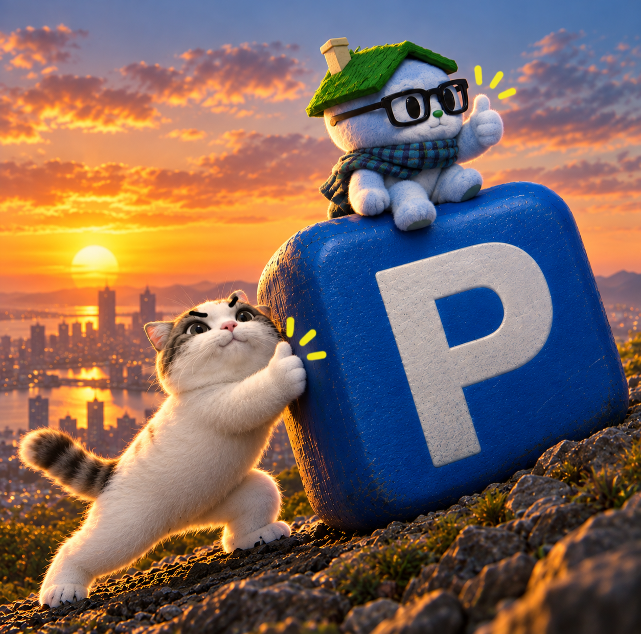 TITAN pushing a giant PONS cube at sunset