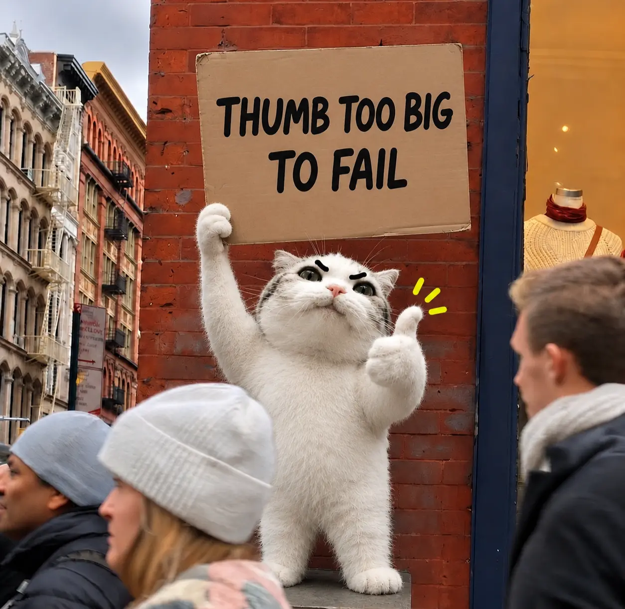 TITAN holding a Thumb Too Big To Fail sign