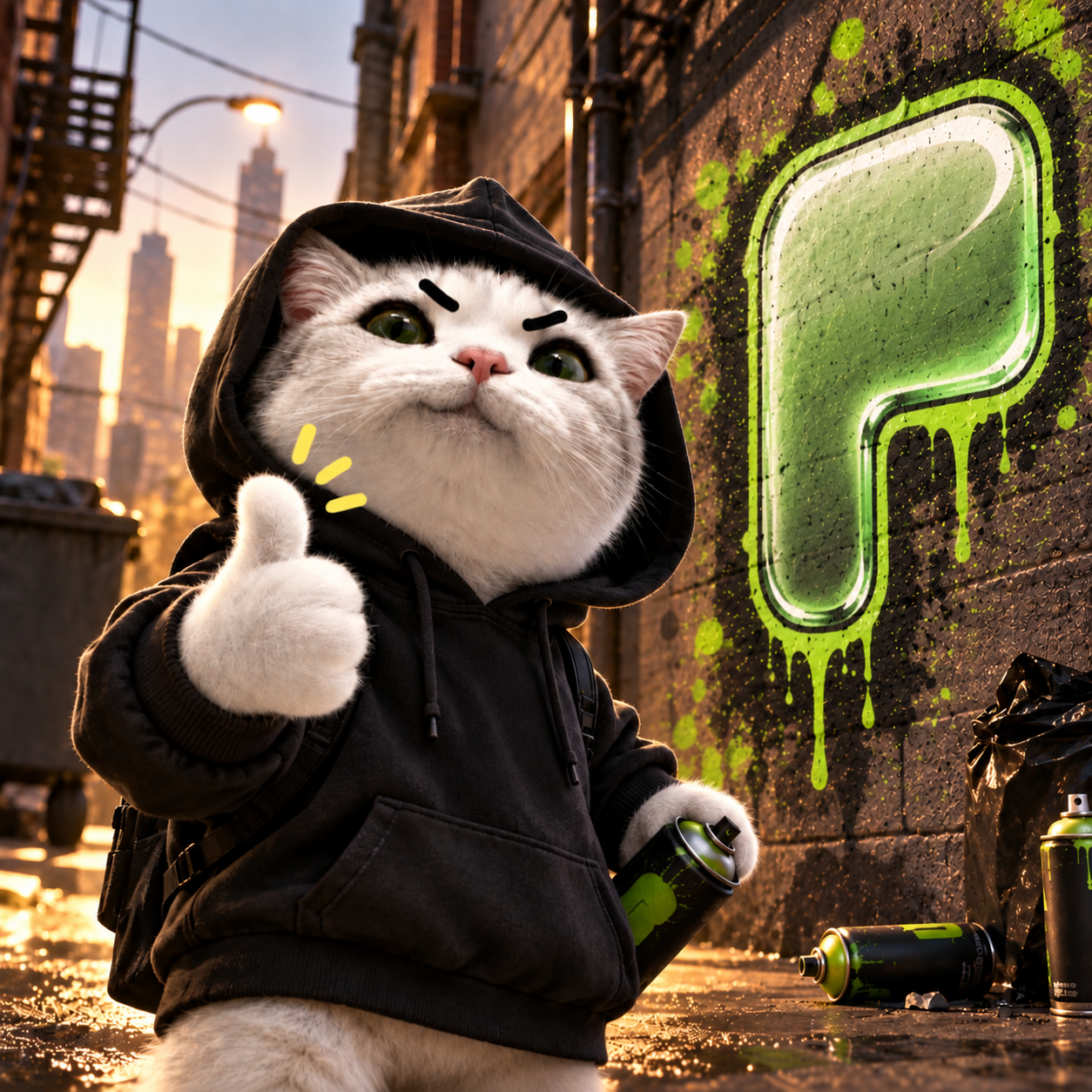 TITAN in a black hoodie spray-painting a green thumb