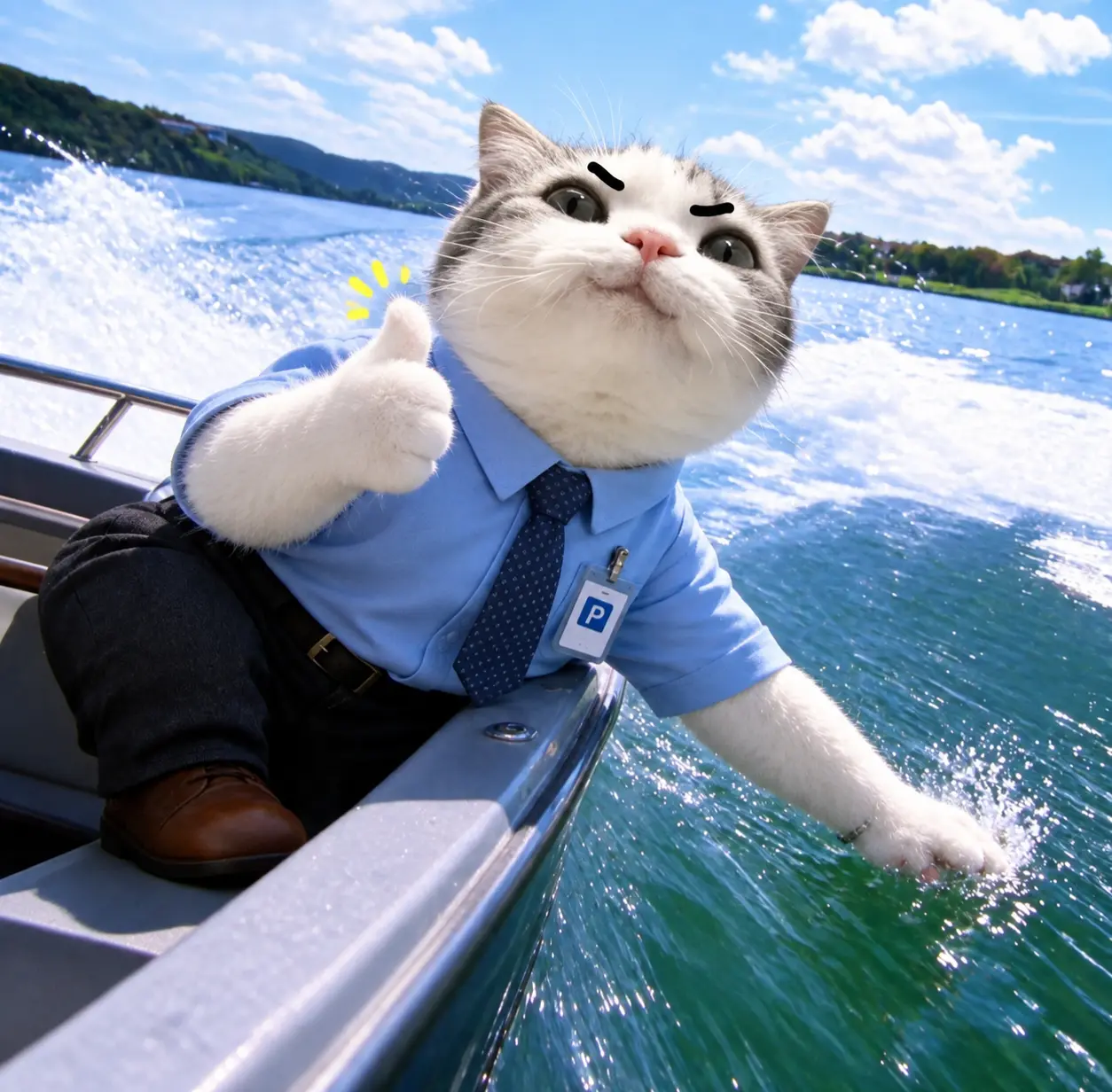TITAN in a business shirt on a speedboat