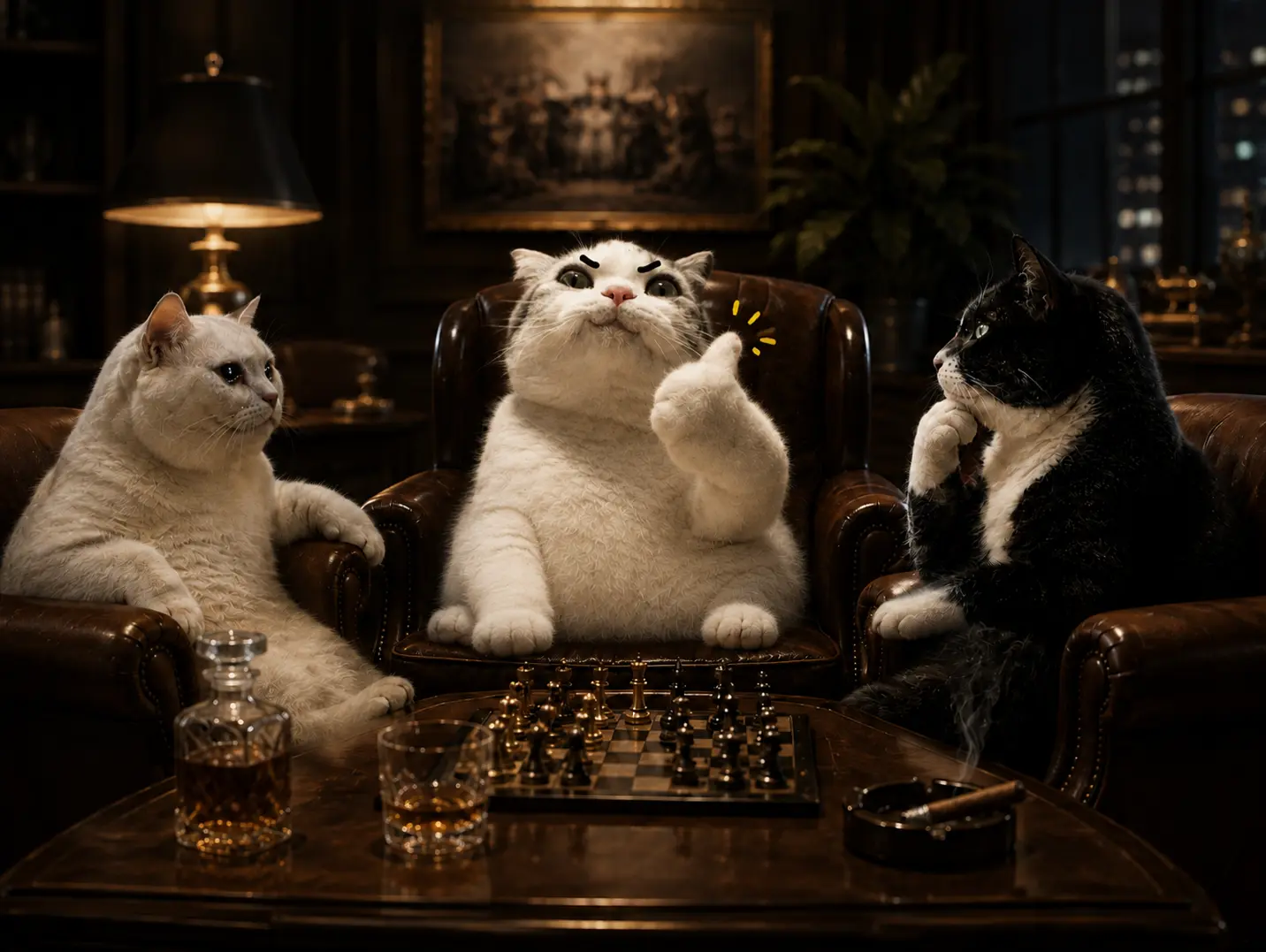 TITAN playing chess with two other cats