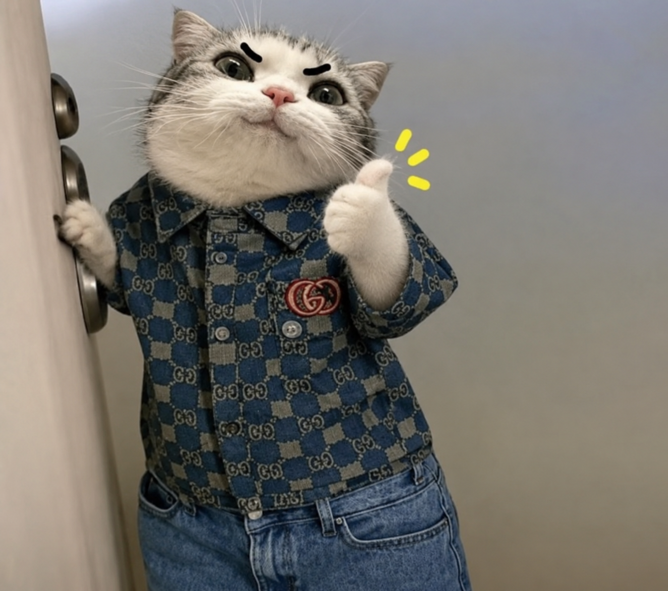 TITAN in a Gucci shirt giving a thumbs up