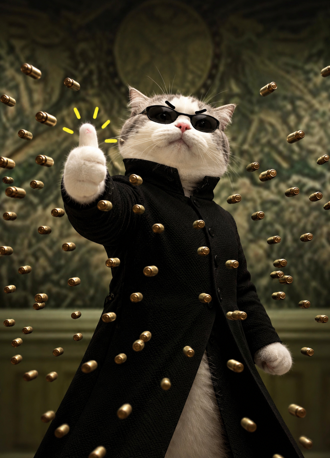 TITAN dodging bullets in a black coat