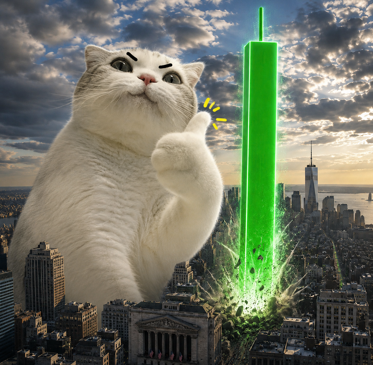 Giant TITAN next to a green candle in a city