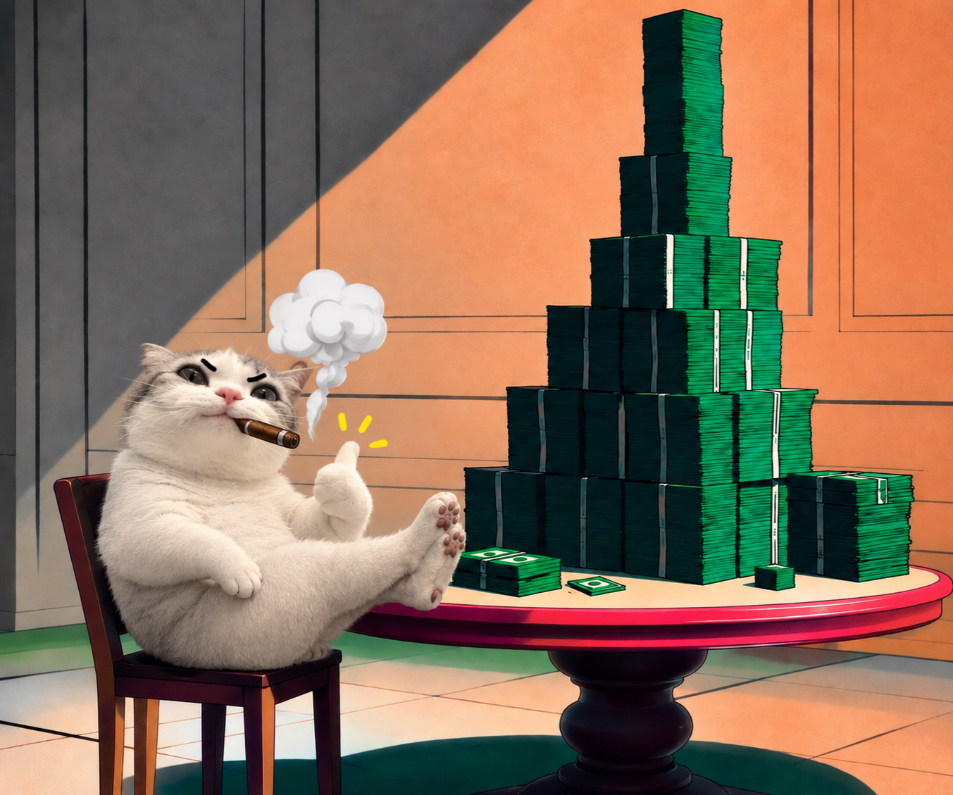 TITAN smoking a cigar next to a tower of cash