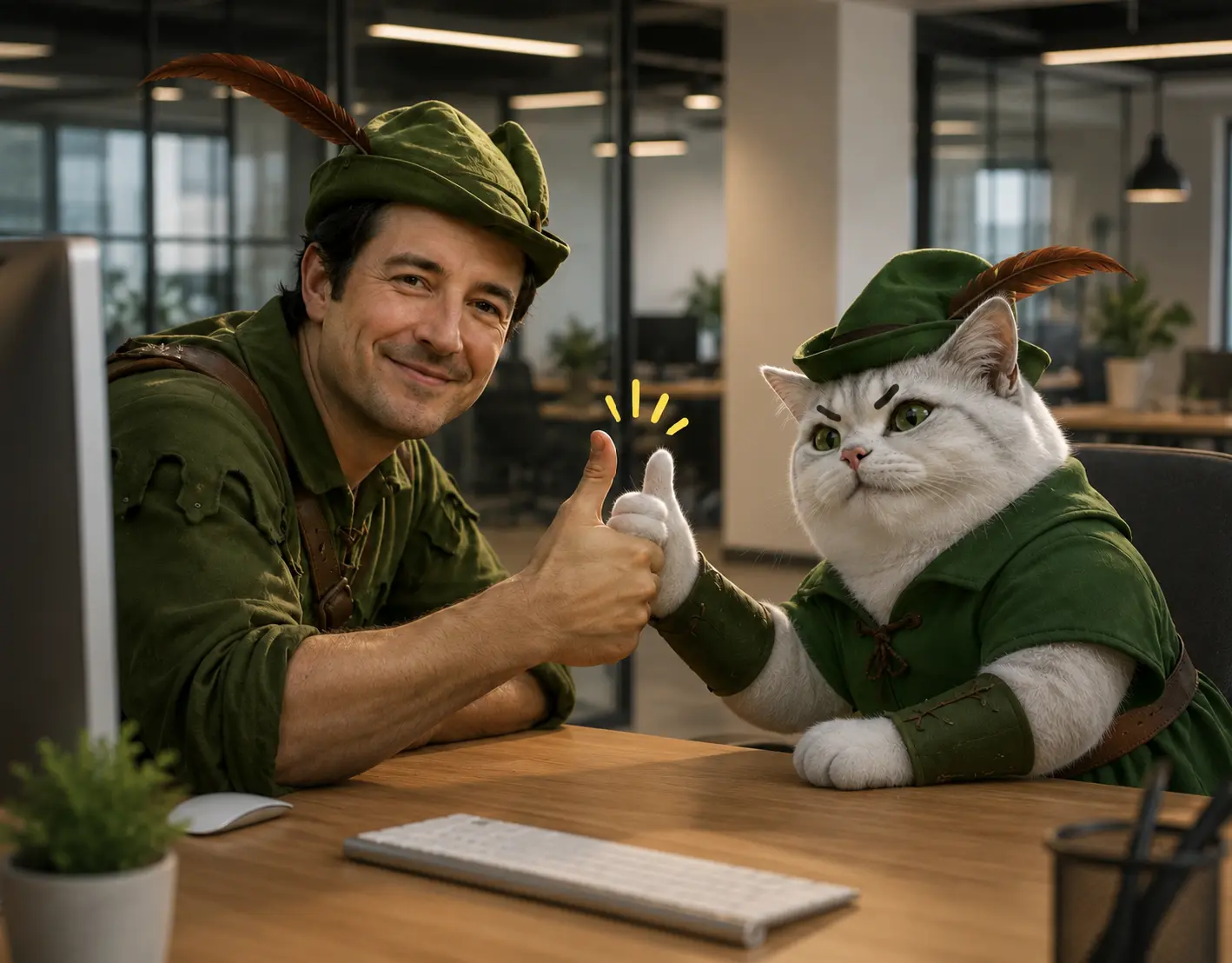 TITAN dressed as Robin Hood in an office