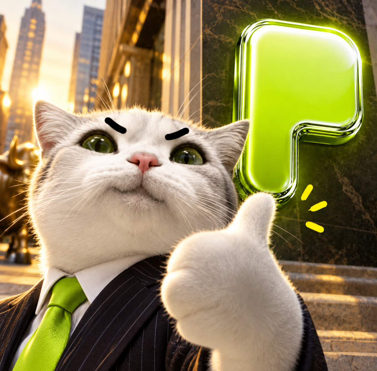 TITAN in a suit on Wall Street with the PONS logo