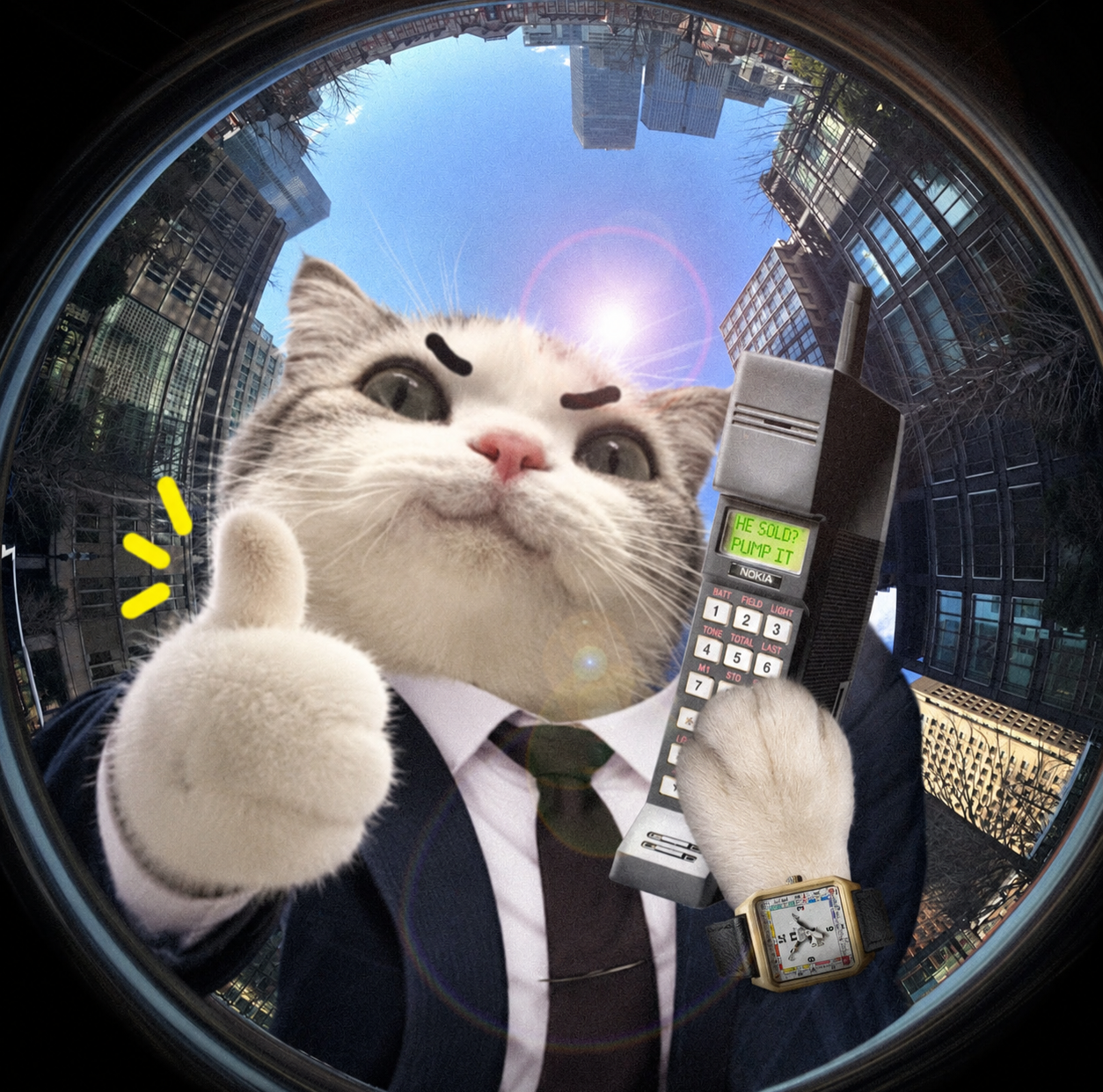 TITAN holding a vintage Nokia phone in a suit