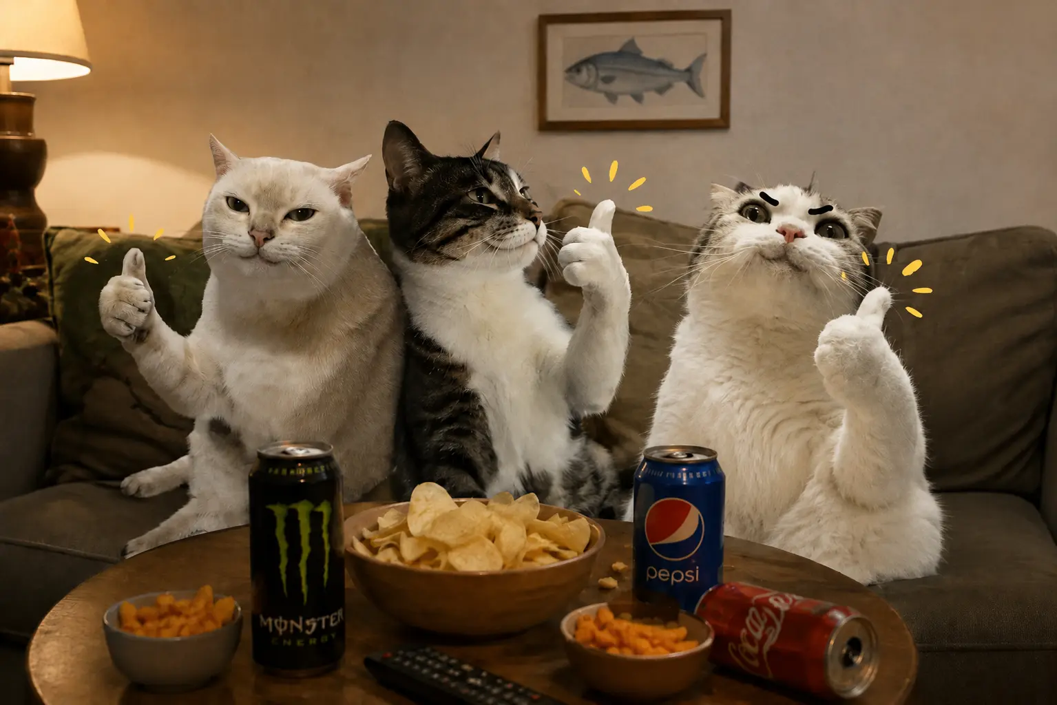 Three cats on a couch with snacks
