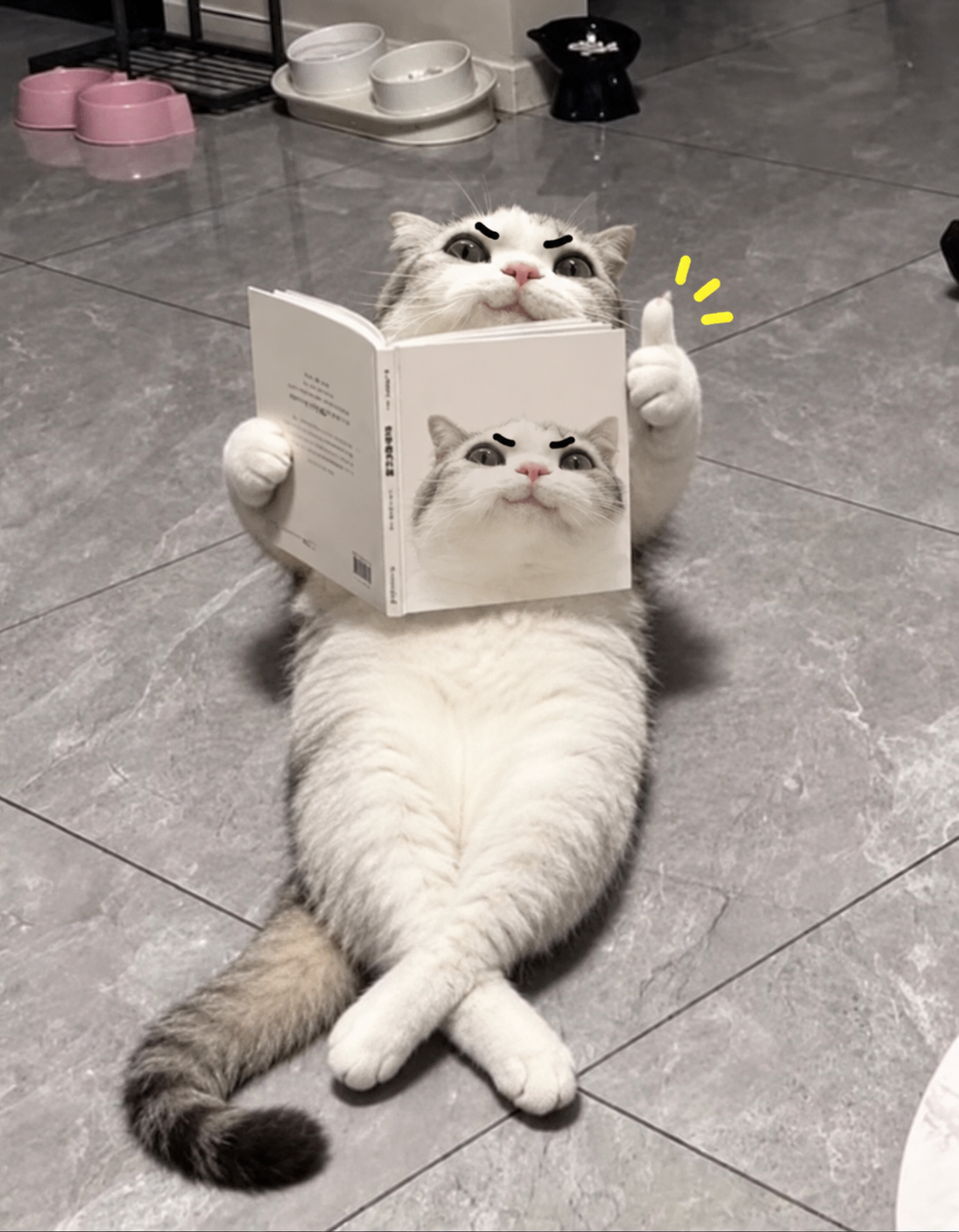 TITAN reading a book while lying on the floor