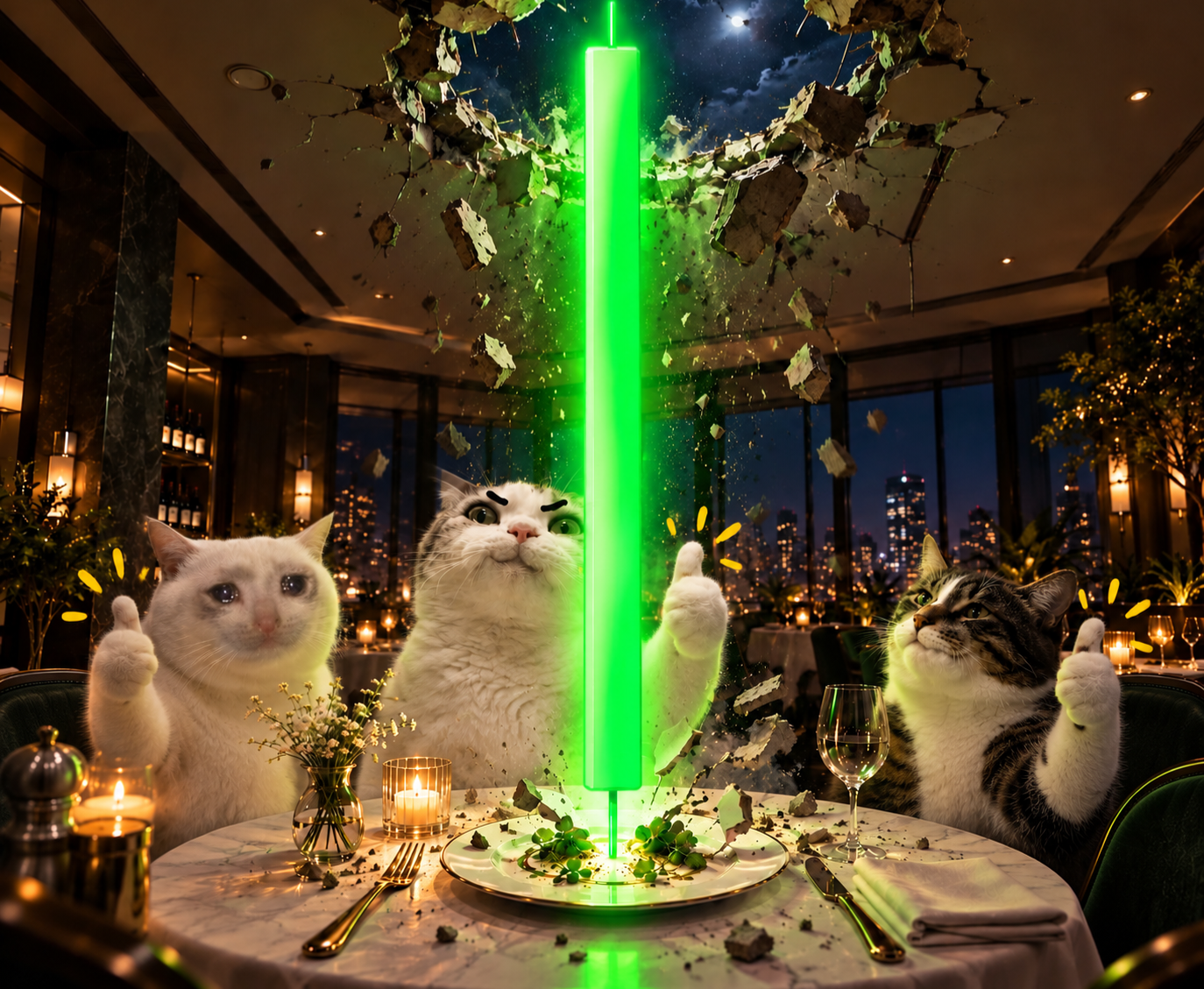Three cats giving thumbs up as a green candle smashes through the restaurant ceiling