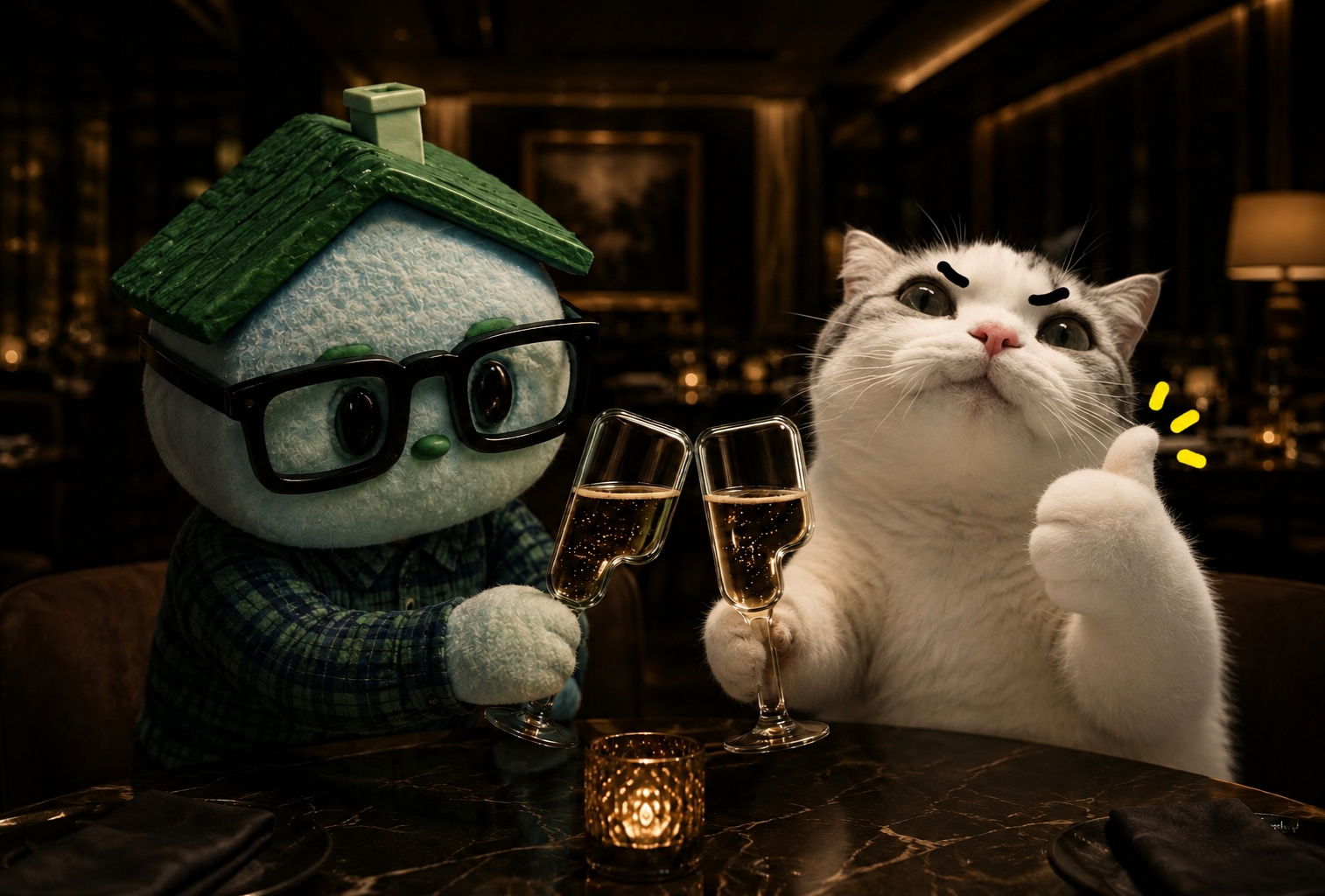 TITAN toasting champagne with a PONS house character