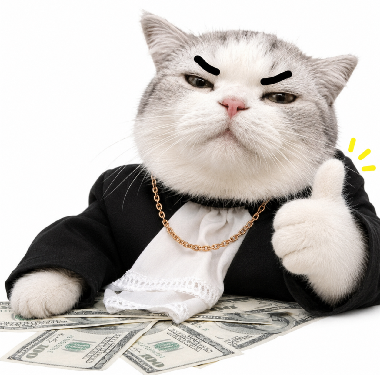 TITAN in a suit on a pile of cash