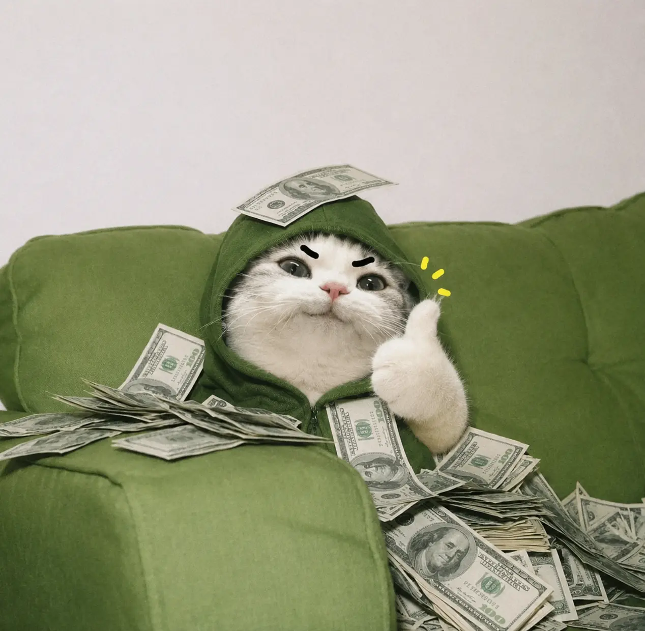 TITAN in a green hoodie buried in cash