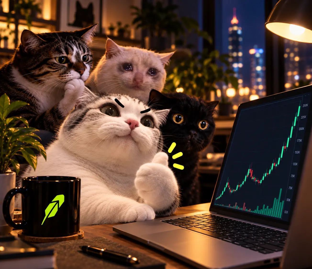 TITAN with cats watching a Robinhood chart at night