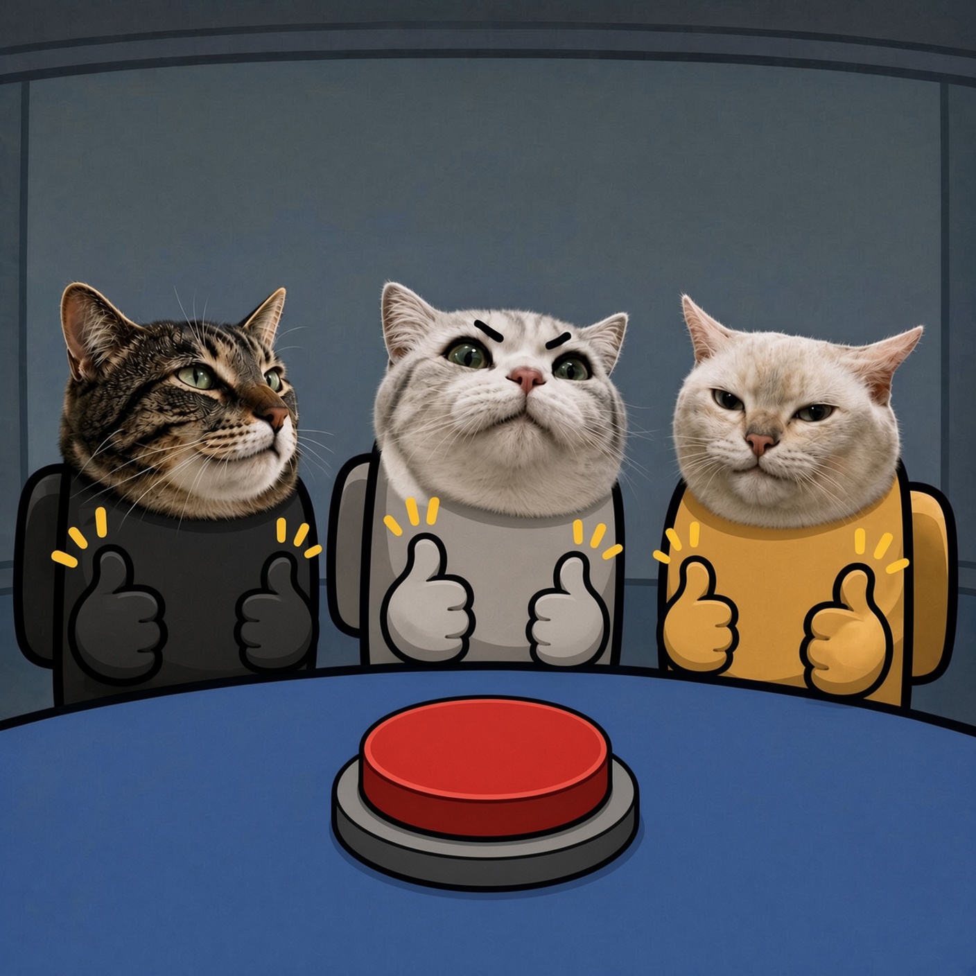 Three cats at a boardroom table with a red button