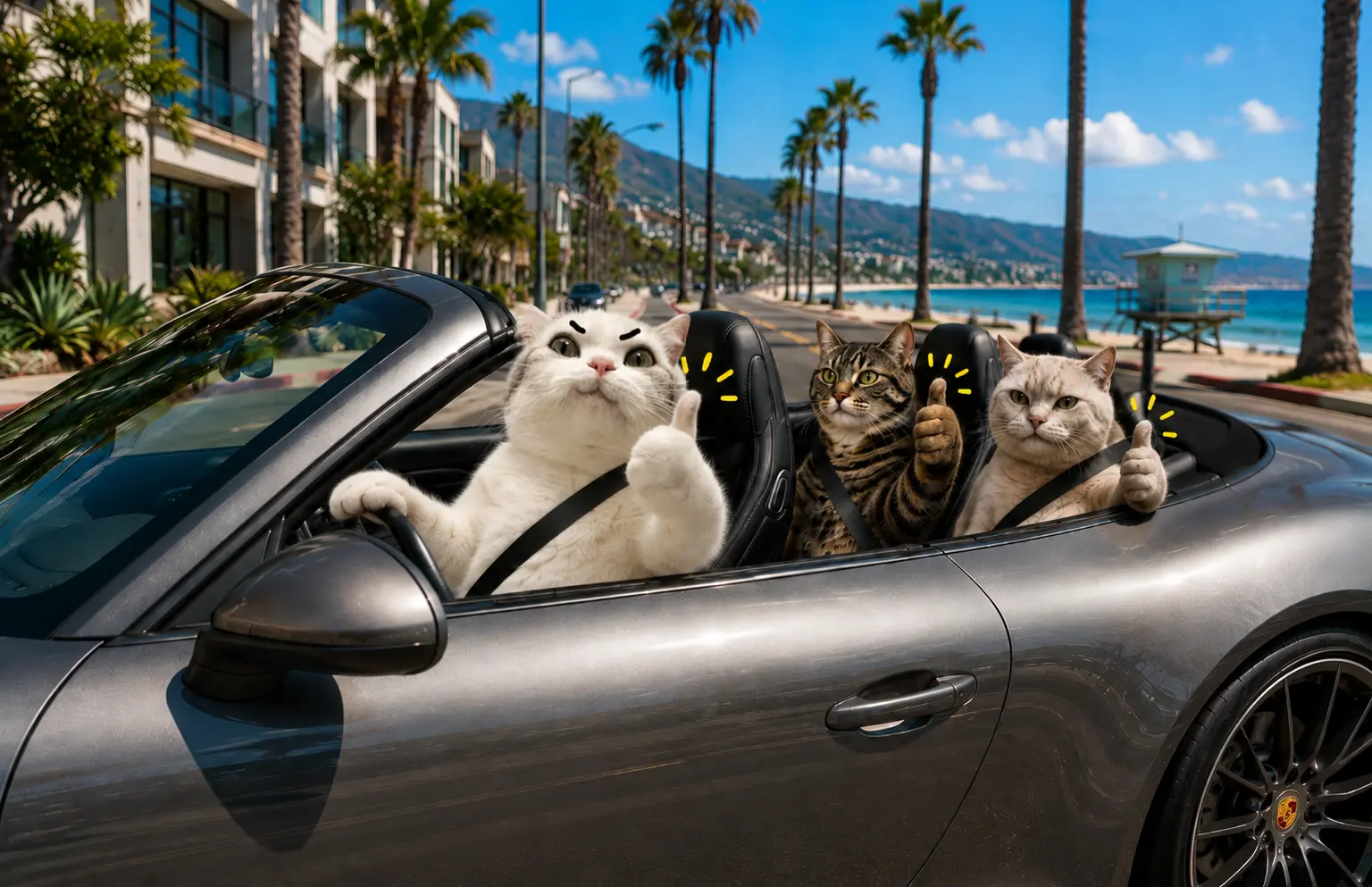 Three cats thumbs up in a convertible